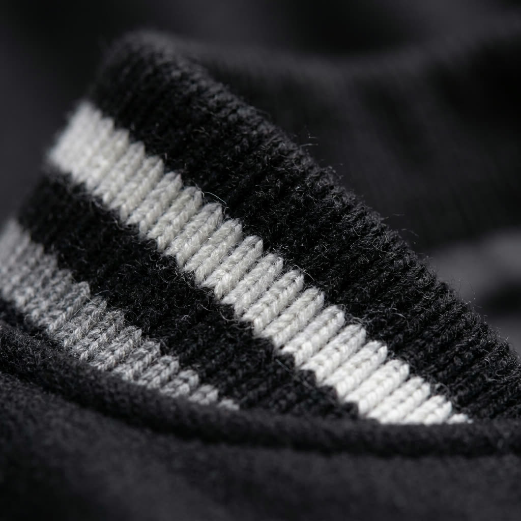 Macro close-up of the striped knit rib trim on a Labaih varsity jacket