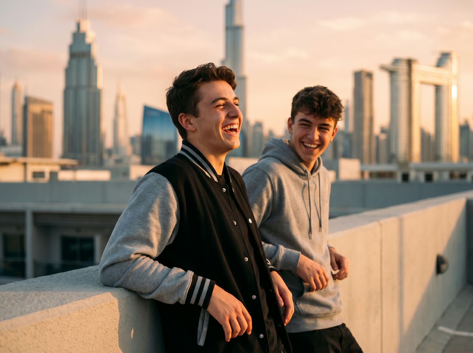 Two seniors laughing on a Dubai rooftop in custom black and grey Labaih varsity jackets