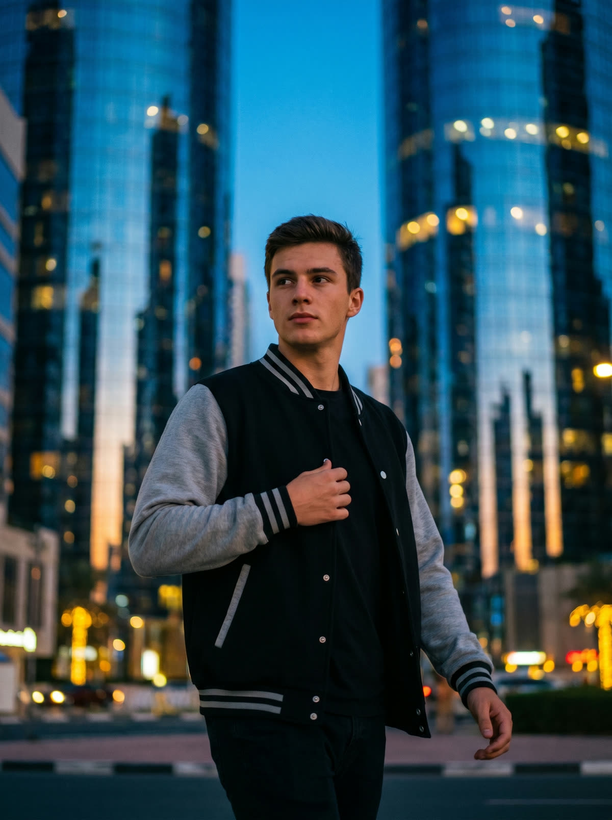 Senior student wearing a black and grey Labaih varsity jacket in DIFC, Dubai at dusk
